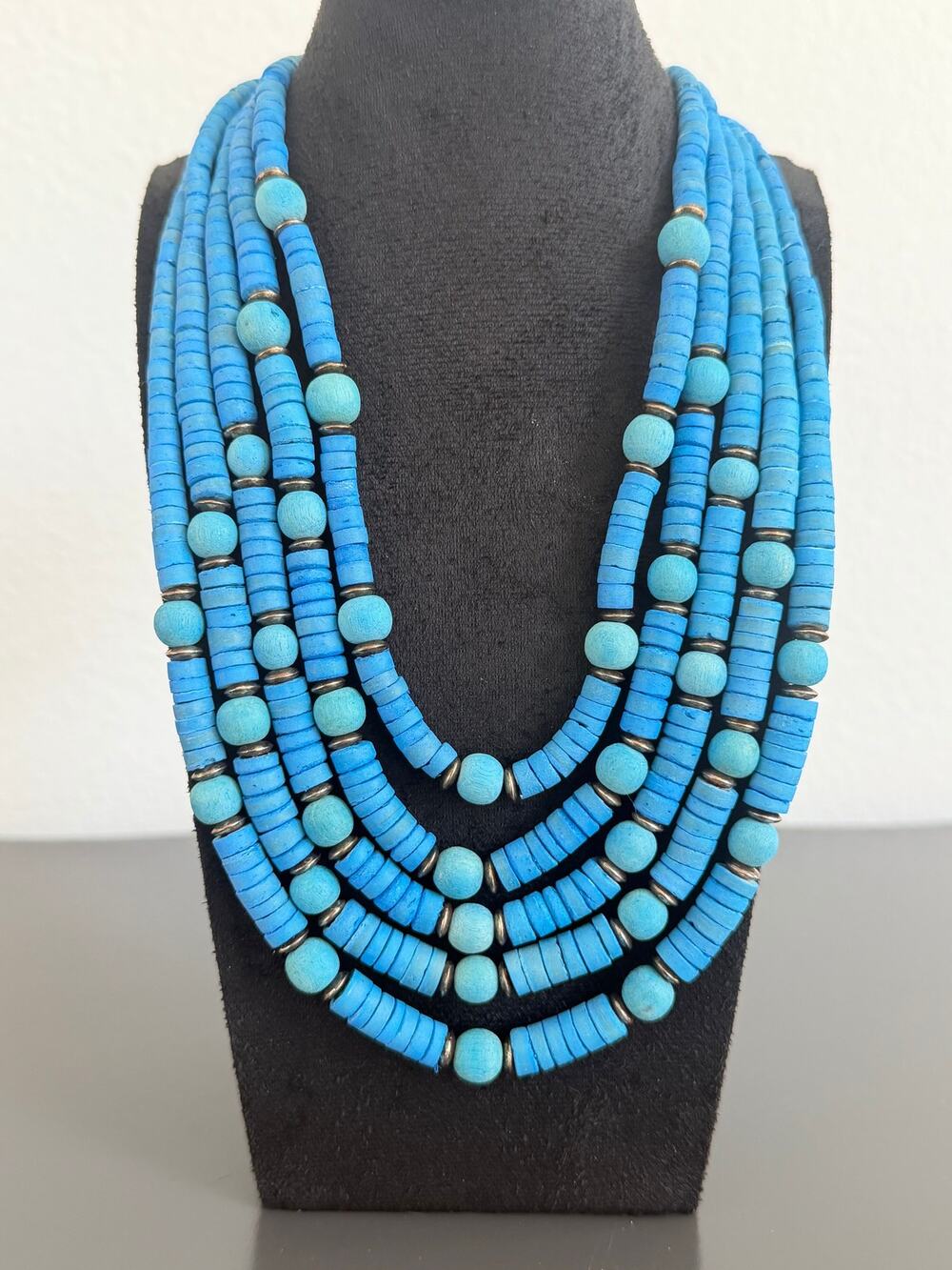 Vintage multi-strand turquoise necklace lightweight wooden beads resort bohemian